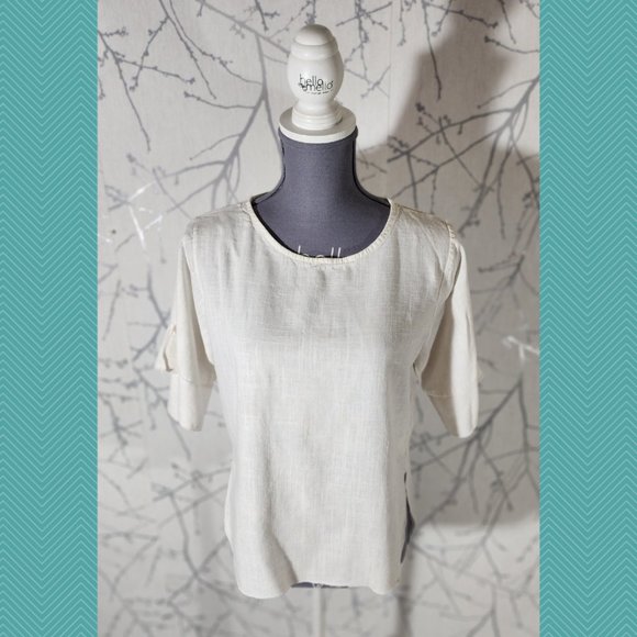 3.3 Field Trip White Linen Blend Round Neck Top w/ Flutter Sleeves - Picture 1 of 5